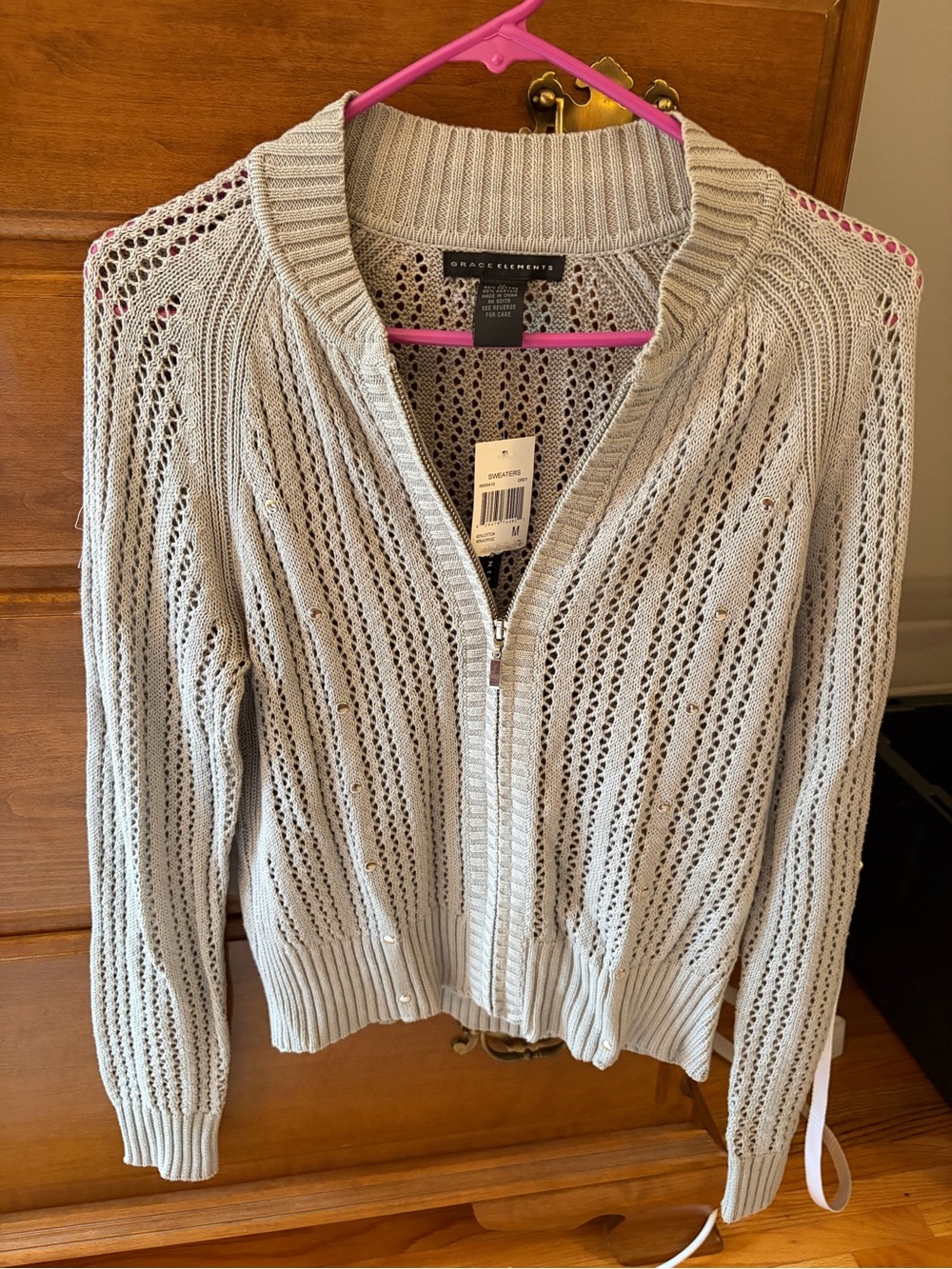 Grace Elements Light Gray Open-Weave Zip Front Cardigan